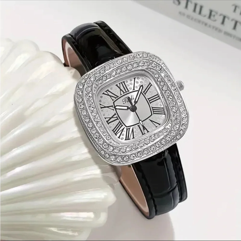 Women’s Square Design Starry Sky Quartz Watch With Diamonds black leather band